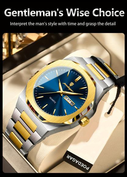 POEDAGAR Men'S Luxury Quartz Watch - Waterproof, Luminous Calendar, Stainless Steel Band, Business Style, Blue & Golden Accents, 3ATM, Non-Rechargeable Button Battery, Perfect for Spring Festival & Valentine'S Day Gifts