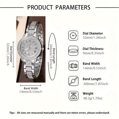 Fashionable Women's Quartz Watch Set With Rhinestones - Stainless Steel Band, Round Zinc Alloy Case, Pointer Display, Non-Rechargeable Battery - Includes Elegant Bracelet, Timer Function - 4 Piece Gift Set For Valentine's, Ea