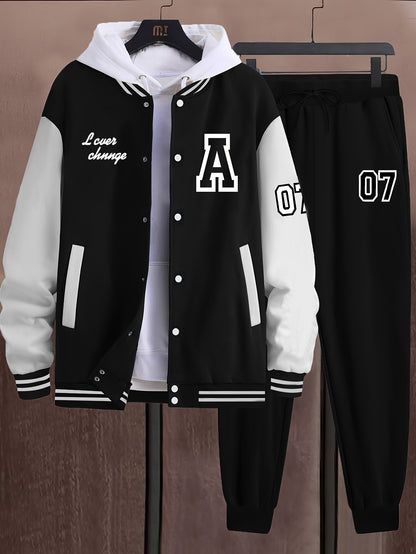 Men'S A07 Sporty Casual Baseball Outfit - Black & White "A" Print Jacket with Pockets, Matching Pants, Polyester Blend, Fall/Winter Wear, Casual Sportswear | Letter Print Jacket | Knit Construction, Baseball Attire