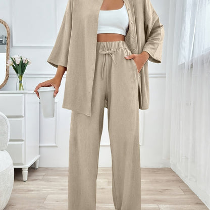 Women'S Elegant Two-Piece Beige Casual Suit - Cropped Top & Wide-Leg Pants with Pockets, Perfect for All Seasons, Stylish Home Attire|Casual Attire|Pocketed Pants