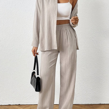 2pcs Women's Spring Autumn Casual Solid Color Long Sleeve Shirt and Pants Set