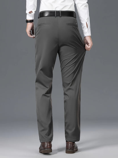 1pc Men'S Spring/Fall Light Business Casual Straight Leg Pants, 100% Polyester, Solid Color, Slight Stretch, Mid Waist, Regular Fit, Zipper Fly, Woven, No Lining - Versatile for Work and Casual Occasions