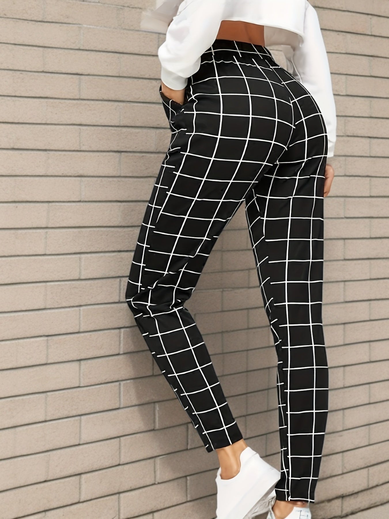Plaid Print High Waist Pants Elegant Straight Leg Slants Pockets Pants, Women's Clothing