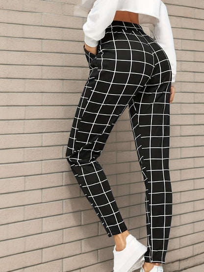 Plaid Print High Waist Pants Elegant Straight Leg Slants Pockets Pants, Women's Clothing