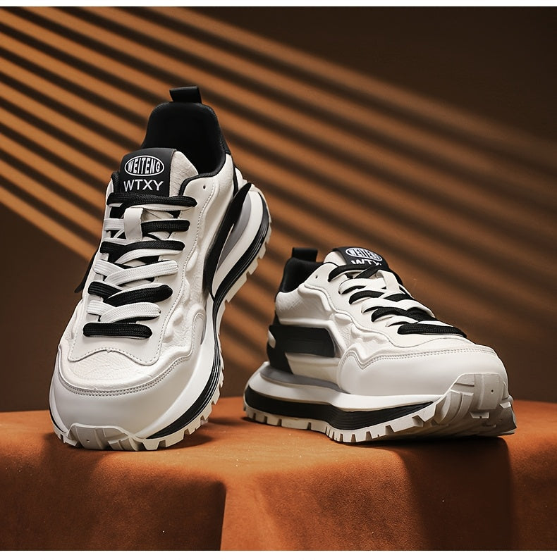 Men's Breathable Casual Sneakers - Trendy Low-Top Lace-Up Sneakers with Soft Rubber Sole, White & Black Design for Spring/Summer, Perfect for Running and Casual Attire, Versatile Running Footwear | Sporty Aesthetic Shoes | Co