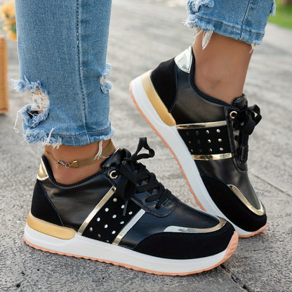 Women'S Chunky Platform Sneakers - Pastel Yellow & Pink Synthetic Cover Low-Top Lace-Up Shoes with Golden Accents, Breathable Fabric Lining, Durable PU Sole for All-Season Casual Wear, Ladies Sneakers, Comfortable Footwear
