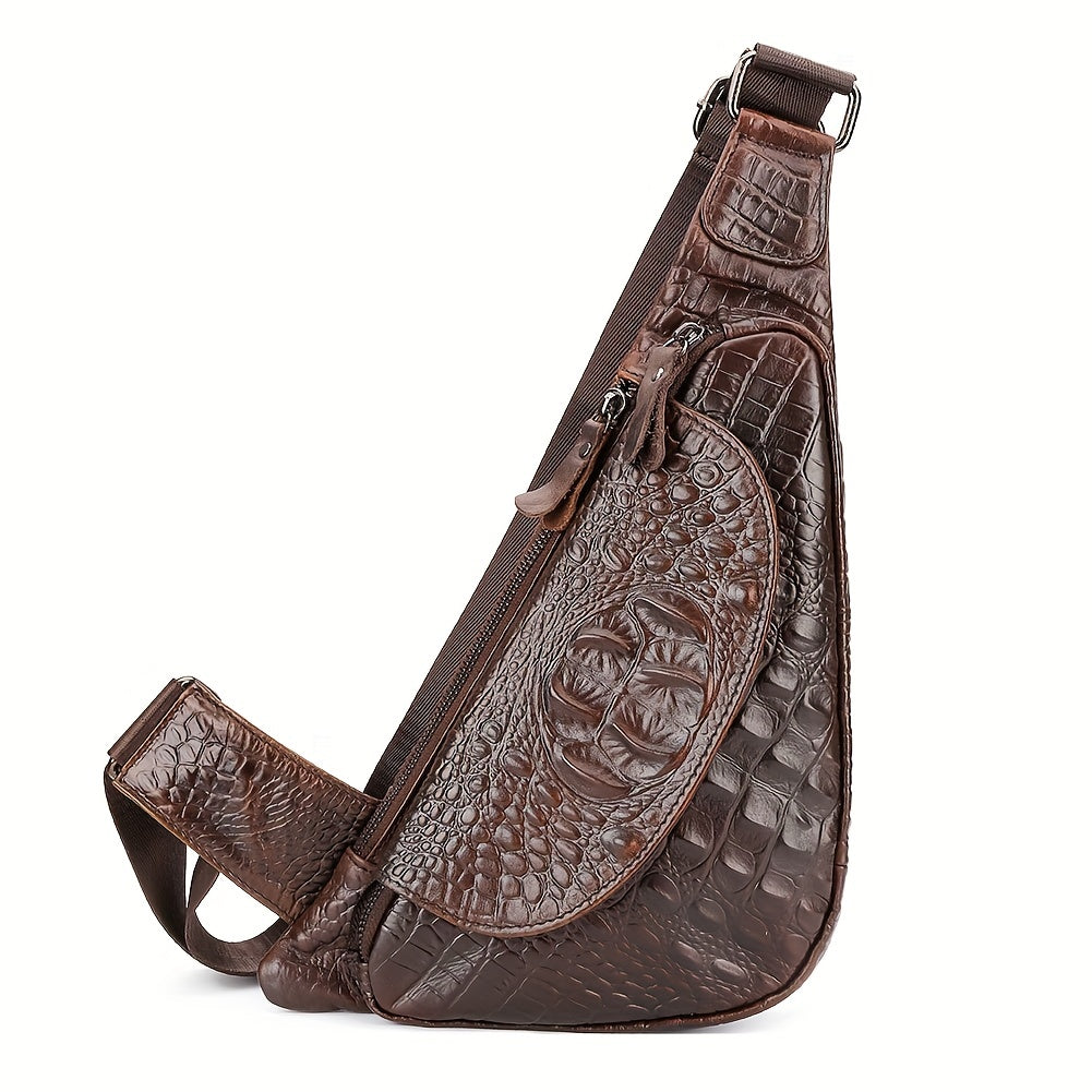 HUMERPAUL Men'S Casual Brown Leather Crossbody Bag with Alligator Print - Adjustable Strap, Multi-Compartment, Everyday Commute Shoulder Bag, Everyday Bag | Casual Style Bag | Adjustable Strap Bag