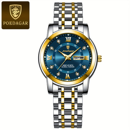 POEDAGAR Elegant Stainless Steel Quartz Watch for Women, Luminous Calendar, Round Alloy Case, Trendy Korean Style, Non-Rechargeable Battery, Watch Accessories
