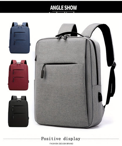 1pc Lightweight Business Laptop Backpack, 33.02/35.56/38.1 cm Computer Bag with USB Charging Port, Adjustable Straps, Zipper Closure, Polyester Lining, Wet Wipe Clean, Black Fabric Travel & Student Bookbag for Men and Women,