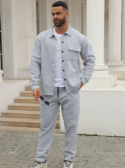Men's Casual Sportswear Set - Long Sleeve Button-Up Shirt & Joggers, Stretch Fabric, Spring/Fall Collection