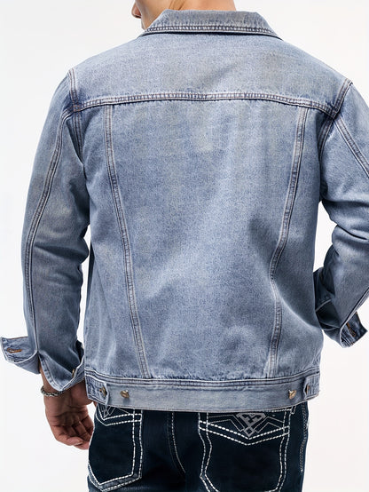 Men's Stylish Denim Jacket - Casual Long Sleeve with Flap Pockets, Machine Washable