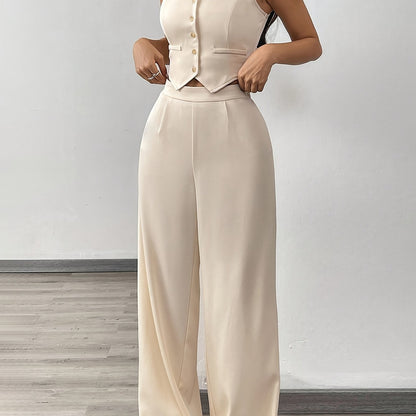 A Set Consisting of Two Women'S Apricot-Colored Sleeveless Cardigans with Square Necklines And Loose-Fitting Wide-Leg Pants.