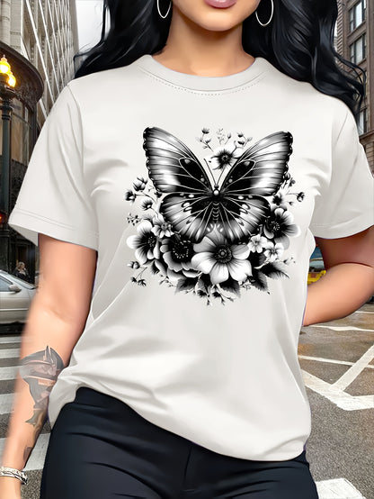 Circle Chic Butterfly Print T-Shirt - Exquisite Design, Casual Round Neck Top - Breathable and Lightweight, Perfect for Spring/Summer Wardrobe