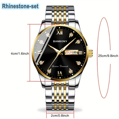 1pc Elegant Rhinestone-Set Stainless Steel Bracelet Watch for Men - Quartz, Date & Calendar Display, Glow-in-the-Dark Hands, Waterproof, Business Casual Style, Ideal Gift for Birthdays & Holidays, Casual Accessory | Elegant W