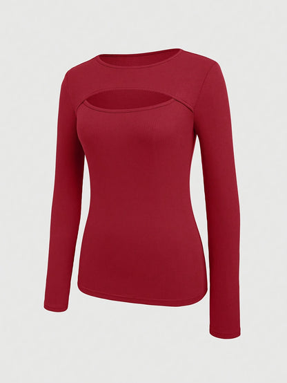 1pc Essence Women'S Elegant Ribbed Long Sleeve T-Shirt, Polyester and Spandex Blend, Hollow-Out Detail, Solid Color, Crew Neck, Regular Length, Knitted Fabric - Autumn/Winter Collection