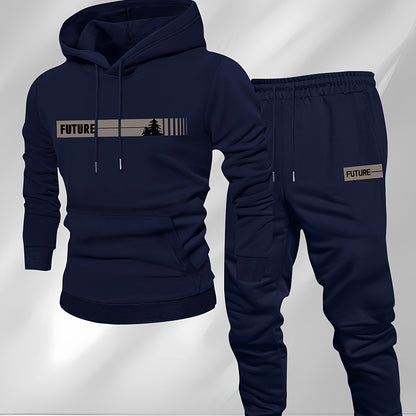 New Autumn and Winter Men's Fleece-Lined Hooded Sweatshirt Set with Print, Long-Sleeve Hoodie and Drawstring Pants for Couples