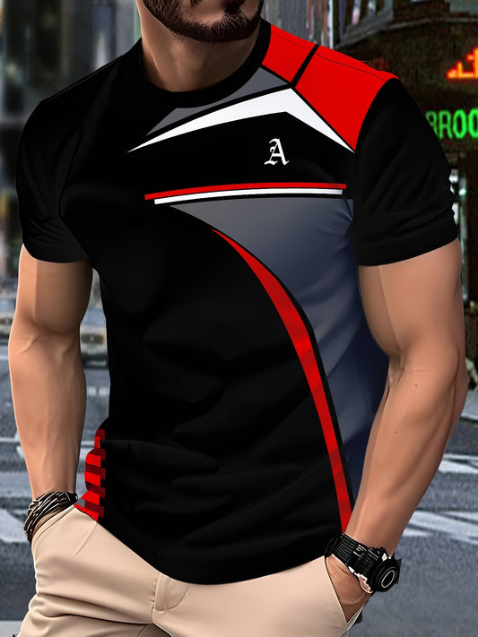 Men's Black 3D Geometric Print T-Shirt – Casual Short Sleeve Summer Tee with Red & Gray Accents, Round Neck, Machine Washable for Outdoor Sports, Everyday Comfort, Durable Fabric