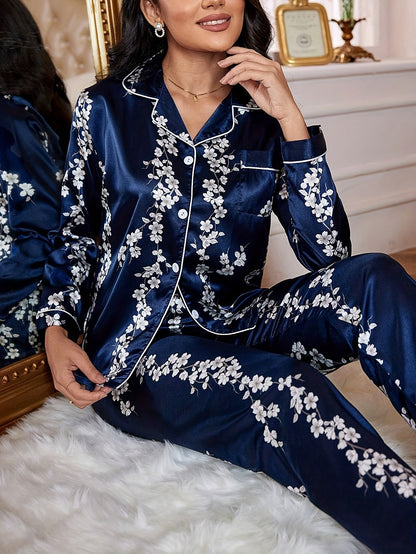 Women'S Vintage Elegant Floral Print Satin Pajama Set, Long Sleeve Top and Pants, Polyester 97% Elastane 3%, Lapel Collar, Woven, 90gsm, Fall/Winter Sleepwear