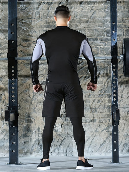 Men'S 3pcs Athletic Set, Breathable Mesh Long Sleeve Top, Skinny Fit Polyester & Spandex, Crew Neck, Solid Color, High Stretch, for Running, Basketball, Hiking, Training - Fall/Winter Sports Outfit