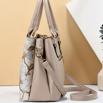 Chic Floral Print Handbag for Wo - Spacious 3-Layer Design with Pockets, Zip Closure, Durable PU Material - Available in Khaki, Cream, Green, Blue, Black