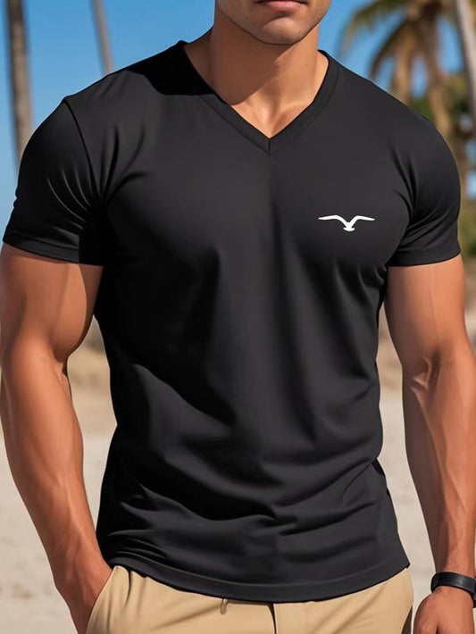 Men's Lightweight Black V-Neck T-Shirt with Seagull Print - Casual Short Sleeve Summer Top, Breathable & Stretchy Fabric, Perfect for Casual Attire or Beach Outings, Outdoor Activity Shirt | Simple Style Tee | Durable Casualw