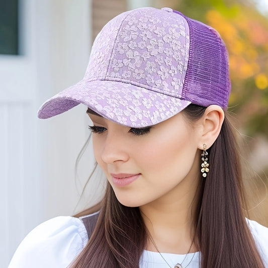 Elegant White Floral Women's Baseball Cap - Adjustable, Breathable Mesh Back, Stylish Duckbill Design for All Seasons, Perfect for Casual Outings and Beach Days, Outdoor Headwear, Adjustable Headgear