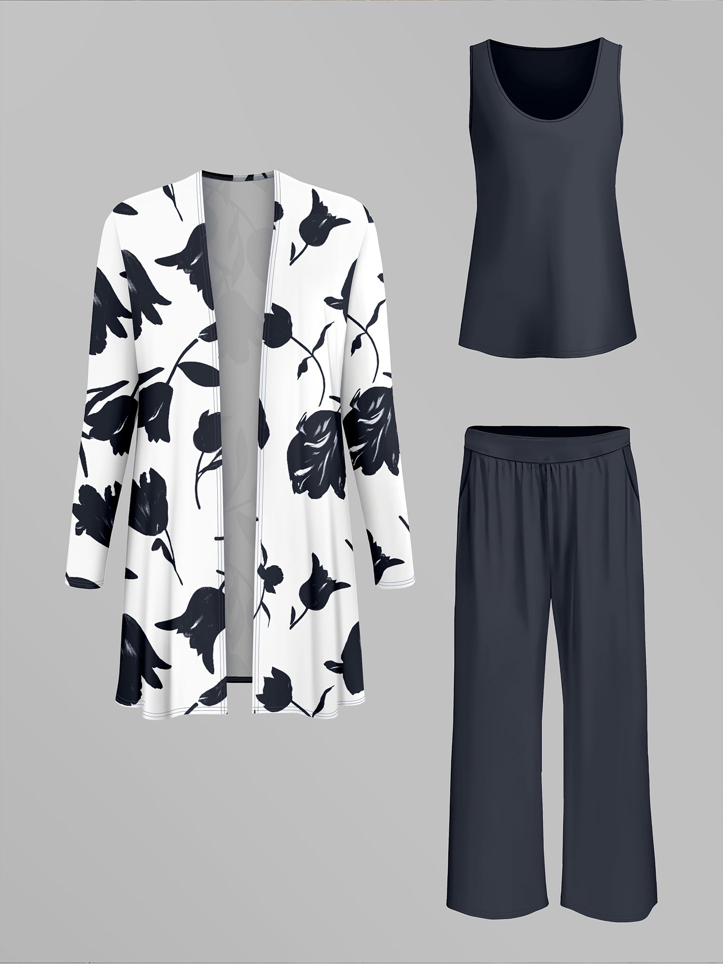 Women'S 3pcs Set, Floral Print Cardigan with Solid Color Cami and Wide-Leg Pants Casual Outfit