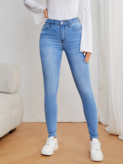 Women's Casual Plain Light Blue Skinny Jeans, Stretchy Denim Pants, Classic Design, High Waist Slim Fit For Everyday Fashion - Perfect For Fall & Winter