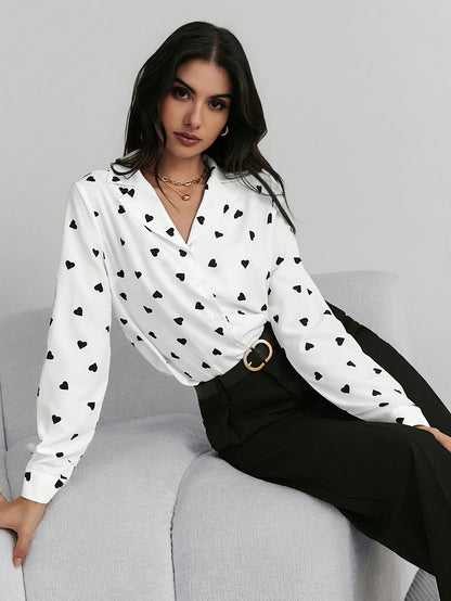 Elegant Women's Heart Pattern Long Sleeve Button-Up Shirt - Semi-Sheer, Polyester, Machine Washable - Perfect for Spring/Fall