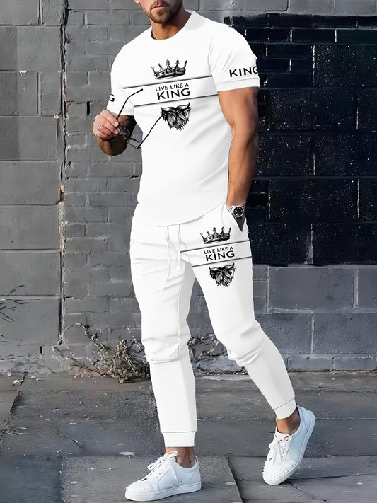 Men's 3D printed sportswear set - Round-neck short-sleeved T-shirt and trousers, striped pattern, regular fit, knitted polyester, slightly elastic