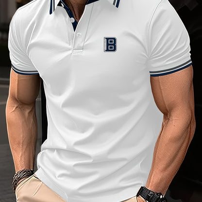 Men's Trendy Simple Letter Print Color Block Short Sleeve Button Up Lapel Shirt For Summer Daily, Golf Shirt