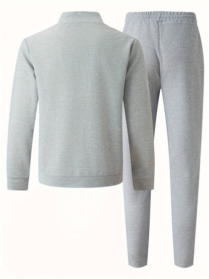 Baseball Collar Jacket and Pants Set in Waffle Fabric