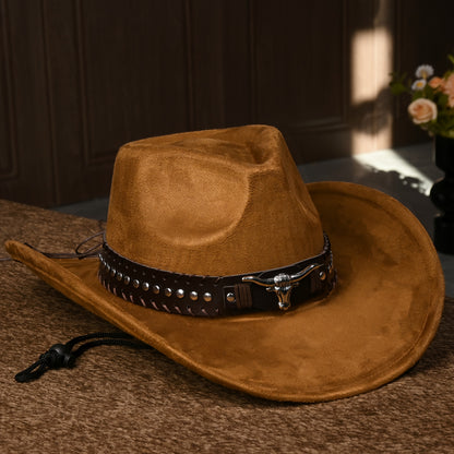 Western Cowboy Hats for Men And Women, Classic Faux Suede with Metal Studs And Bull Pattern, Lightweight Unisex Festival Occasion Hat, Woven Inelastic Polyester with Decorative Accessories, No Feather, Non-Washable