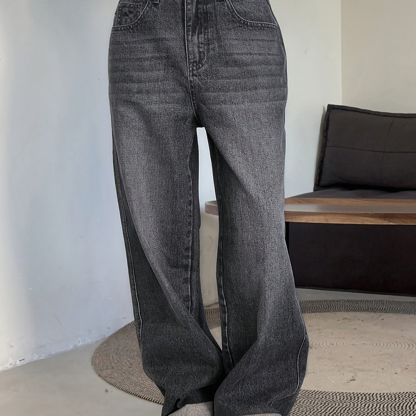 Women's Fashion Wide Leg Jeans, Casual High-Waisted Denim Pants with Pockets, All-Season Solid Color, Comfortable Slimming Design, 54.10% 35.10% Polyester 9.50% Viscose 1.30% Elastane