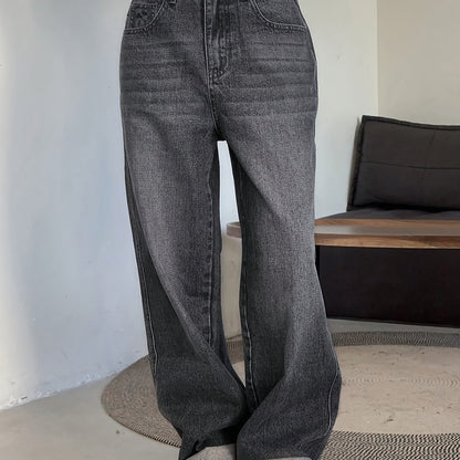 Women's Fashion Wide Leg Jeans, Casual High-Waisted Denim Pants with Pockets, All-Season Solid Color, Comfortable Slimming Design, 54.10% 35.10% Polyester 9.50% Viscose 1.30% Elastane
