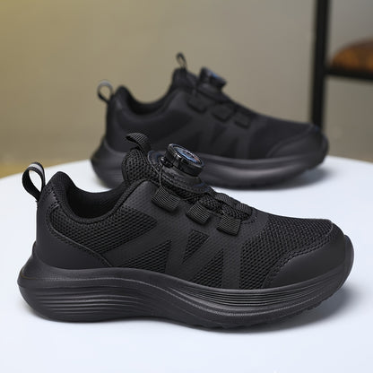 [Backtoschool Essential] Youngsters' Breathable Mesh Running Shoes with Rotating Buckle - Lightweight, All-Season Sneakers for Boys & Girls, Black, Casual & Sporty Design for School, Outdoor Activities & Casual Attire, Casual