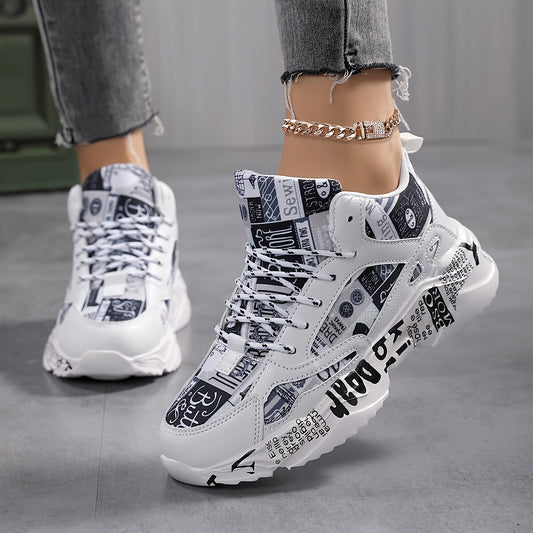Women's Lightweight Running Shoes - Cushioned Stability Gym Sneakers with Arch Support, Breathable Fabric/PU Upper - All-Season Walking Shoes for Training, Everyday & Formal Events - White & Black Athletic Footwear, Comfortab