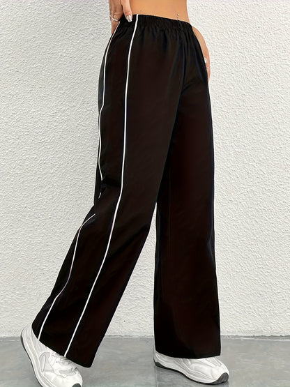 Women's Stylish Black & White Side Stripe Straight-Leg Joggers - 100% Polyester, Machine Washable, All-Season Casual Athletic Pants for Adults