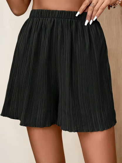 Solid Color Textured Shorts, Vacation Elastic Waist Loose Shorts For Spring & Summer, Women's Clothing