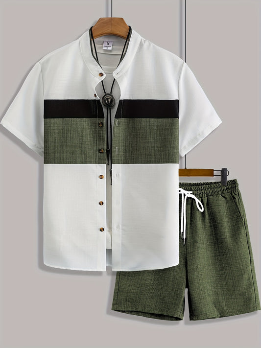 Men'S Casual Solid Color Two-Tone Suit with Stand Collar, Three-Color Imitation Linen, Exquisite Button, Double Short, Solid Color Set