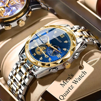 1pc Men'S Stainless Steel Quartz Watch with IPX7, Luminous Display, Rhinestone Accents, Scratch-Resistant Dial, Date Window & Chronograph Function - Stylish Casual Timepiece for Casual Attire, Everyday Timepiece | Luminous Wa