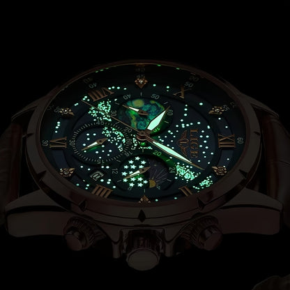 LIGE Luxury Quartz Chronograph Watch with Luminous Hands - Elegant Round Alloy Case, Blue Dial with Roman Numerals, Starry Night Design, Button Battery, Faux Leather Strap, Stylish Accessory|Starry Night Design|Luminous Hands
