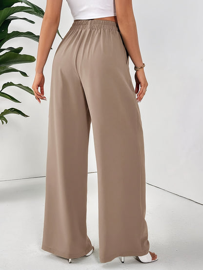Women'S Elegant Wide Leg Pants - Beige Loose Fit with Elastic Waist, Comfortable Polyester Fabric for Spring/Summer Vacations, Casual Chic Style