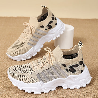 Women's Fashion Leopard Print Lace-Up Sneakers, Breathable Mesh Walking Shoes for Spring/Summer, Lightweight Comfortable Casual Sports Control Footwear with PVC Sole and Microfiber Insole