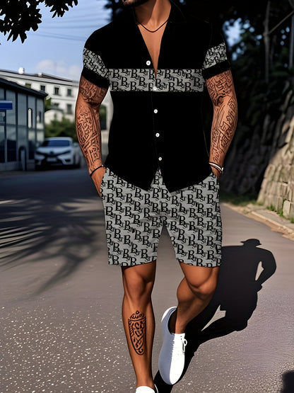 Men'S Casual Tropical Letter Print Pajama Set - Short Sleeve Shirt with Button- Collar & Shorts with Pockets, Comfortable Non-Stretch Fabric, All-Season Home Wear, Relaxed Fit, Home Comfort Clothing | Relaxed Fit Shorts | But