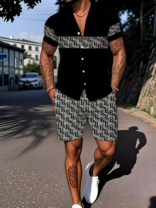 Men'S Casual Tropical Letter Print Pajama Set - Short Sleeve Shirt with Button- Collar & Shorts with Pockets, Comfortable Non-Stretch Fabric, All-Season Home Wear, Relaxed Fit, Home Comfort Clothing | Relaxed Fit Shorts | But