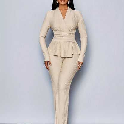 Elegant Women'S V-Neck Long Sleeve Top and Wide Leg Pants Two-Piece Set, Asymmetrical Hem Two-Piece Outfit for Casual Daily Wear, Winter Women'S Clothing