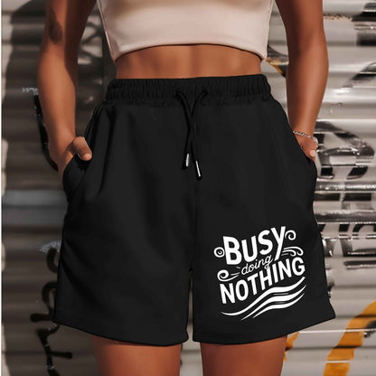 Busy doing nothing 2025 New Plus Size Women'S Shorts Summer Casual Versatile Medium Pants Sports American Trendy Outerwear Extra Large Five-Fifth Pants Summer Beach Pants - Polyester, Casual, Summer, Track Shorts, Slight Stre