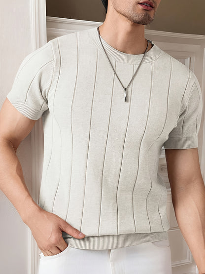 Men's Slim Fit Striped Textured Knit Crew Neck T-Shirt - High Elasticity Short Sleeve Casual Top for Spring/Autumn, Breathable Daily Leisurewear, Spring Fashion, Classic Style, Durable Construction, Pullover Shirt, Stylish Me