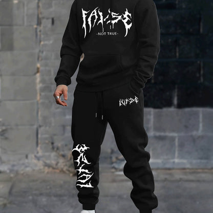 Durable Fabric, Men's Casual Sporty Hoodie and Jogger Set - Trendy Geometric Print, Blue and Black, Polyester Blend, Machine Washable, Perfect for Fall/Winter